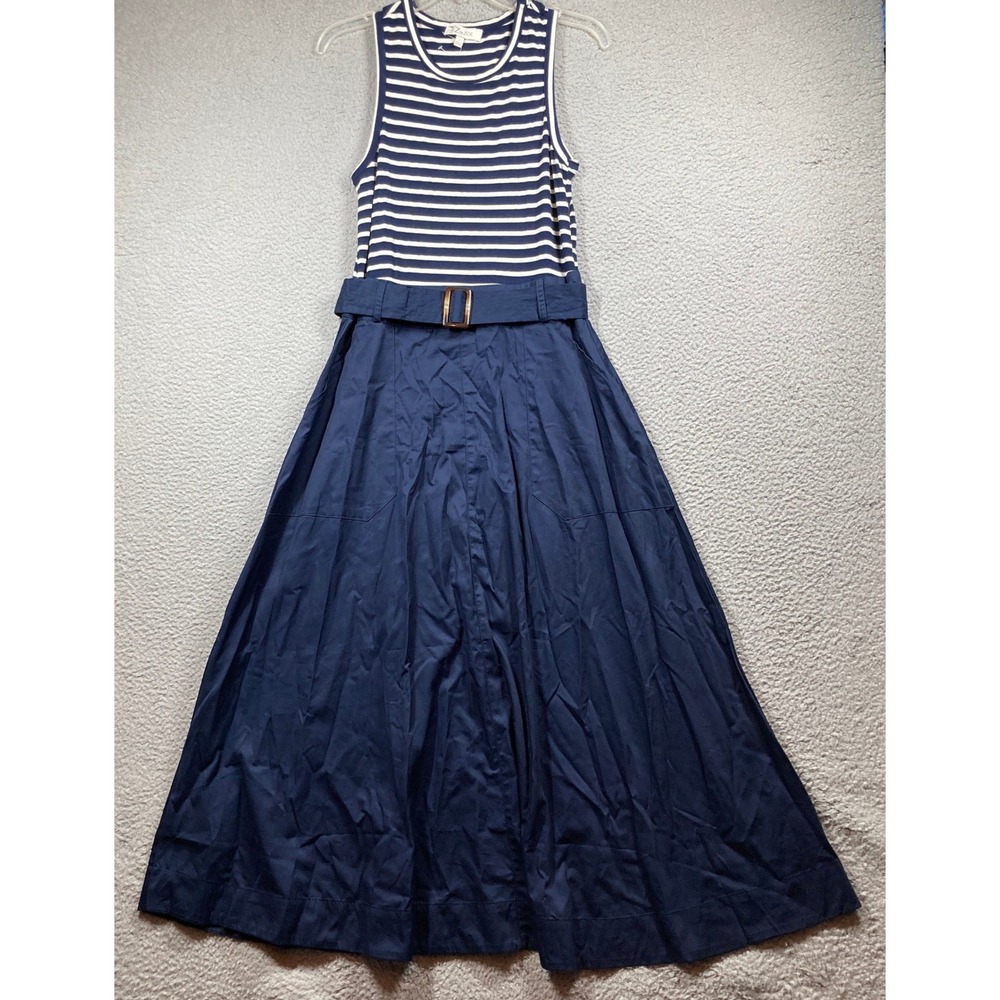 Z by ZOE Maxi Dress Womens Large Navy Blue Striped Belted Sleeveless SP1265TJ